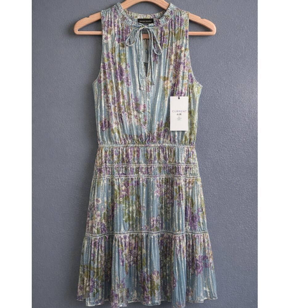 Current Air Metallic Accordion Pleated Floral Sleeveless Dress Blue Purple S NWT